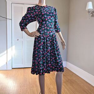 Vintage 80s/90s Dark Floral Midi Dress Joni Blair Drop Waist Cottagecore Size 5